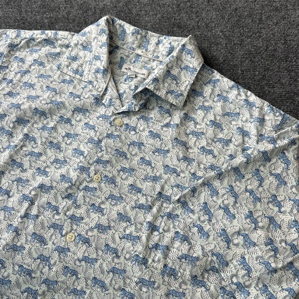 Peter Millar Blue Tiger Tropical Jungle Exotic Leaf Print Button Down Mens L